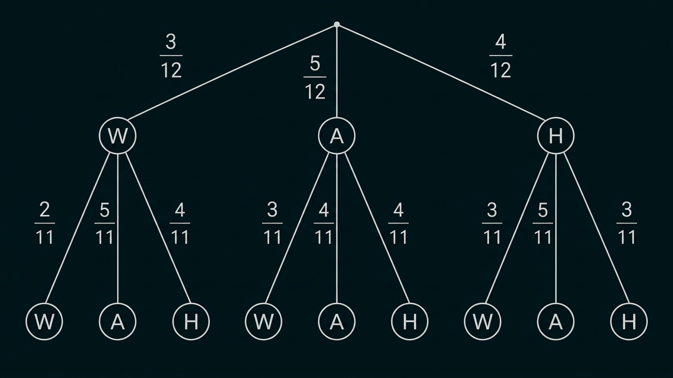 Baumdiagramm mit Wahrscheinlichkeiten und den Buchstaben W, A und H.